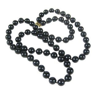 Black Plastic Beaded Necklace 25 inch Goldtone Strand Jewelry Retro